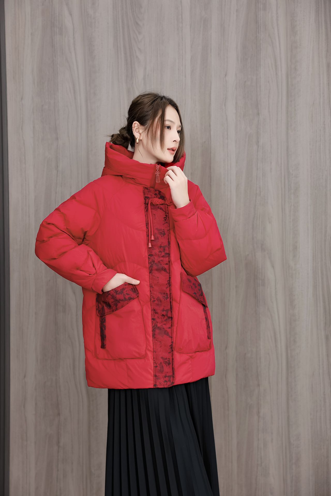 希或冬季时尚百搭保暖国风刺绣拼接羽绒服010连帽中长款