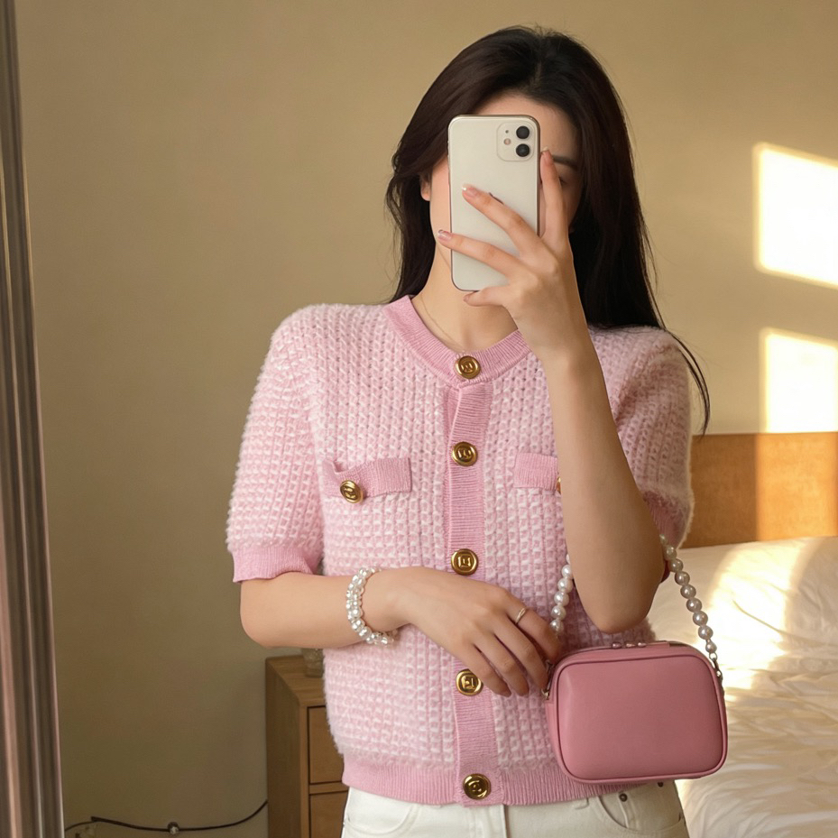 未使用 BALMAIN/巴尔曼 D500687/浅粉色拼色单排扣短袖/38码