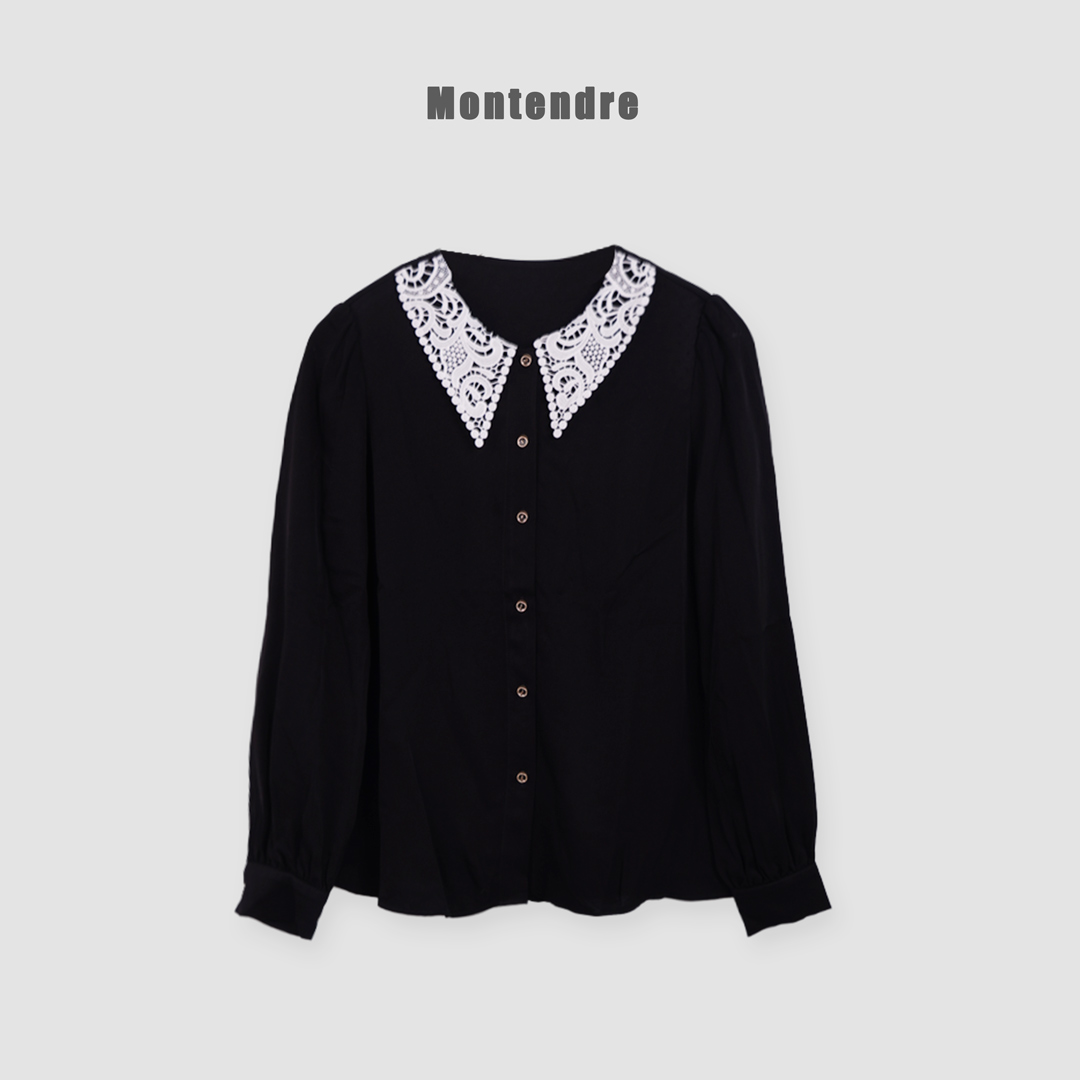 【Montendre】 秋季新款 蕾丝拼接衬衫翻领气质设计感花边上衣