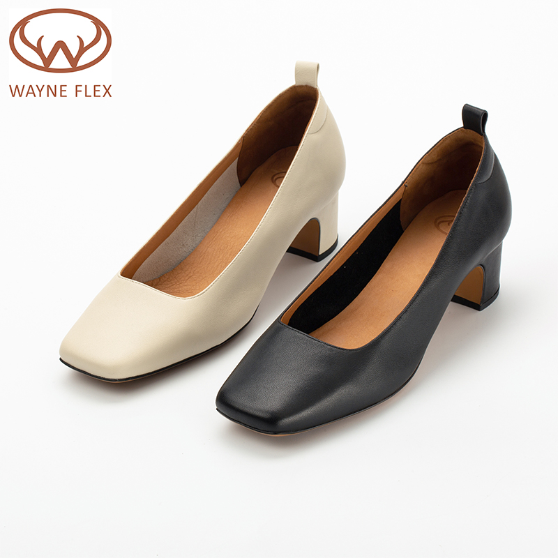 韦恩Wayneflex女鹿皮复古通勤单鞋真皮方头中跟粗跟奶奶鞋2147