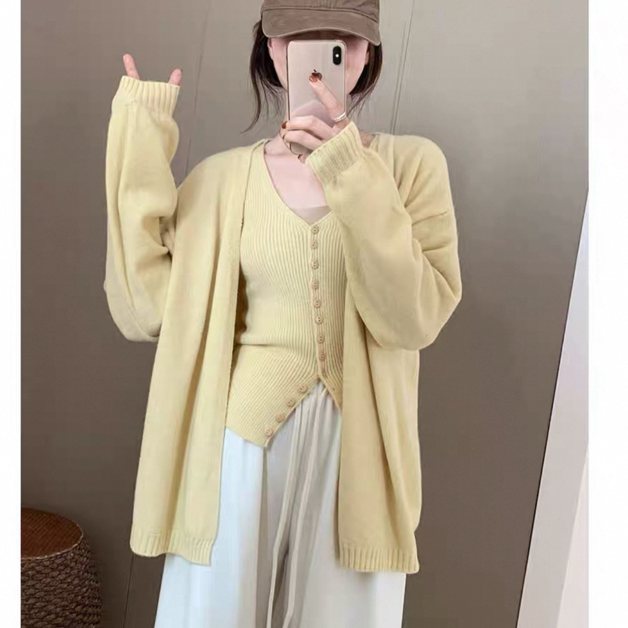 宽松微胖MM温柔风初秋叠穿毛衣慵懒风韩系开衫背心两件套