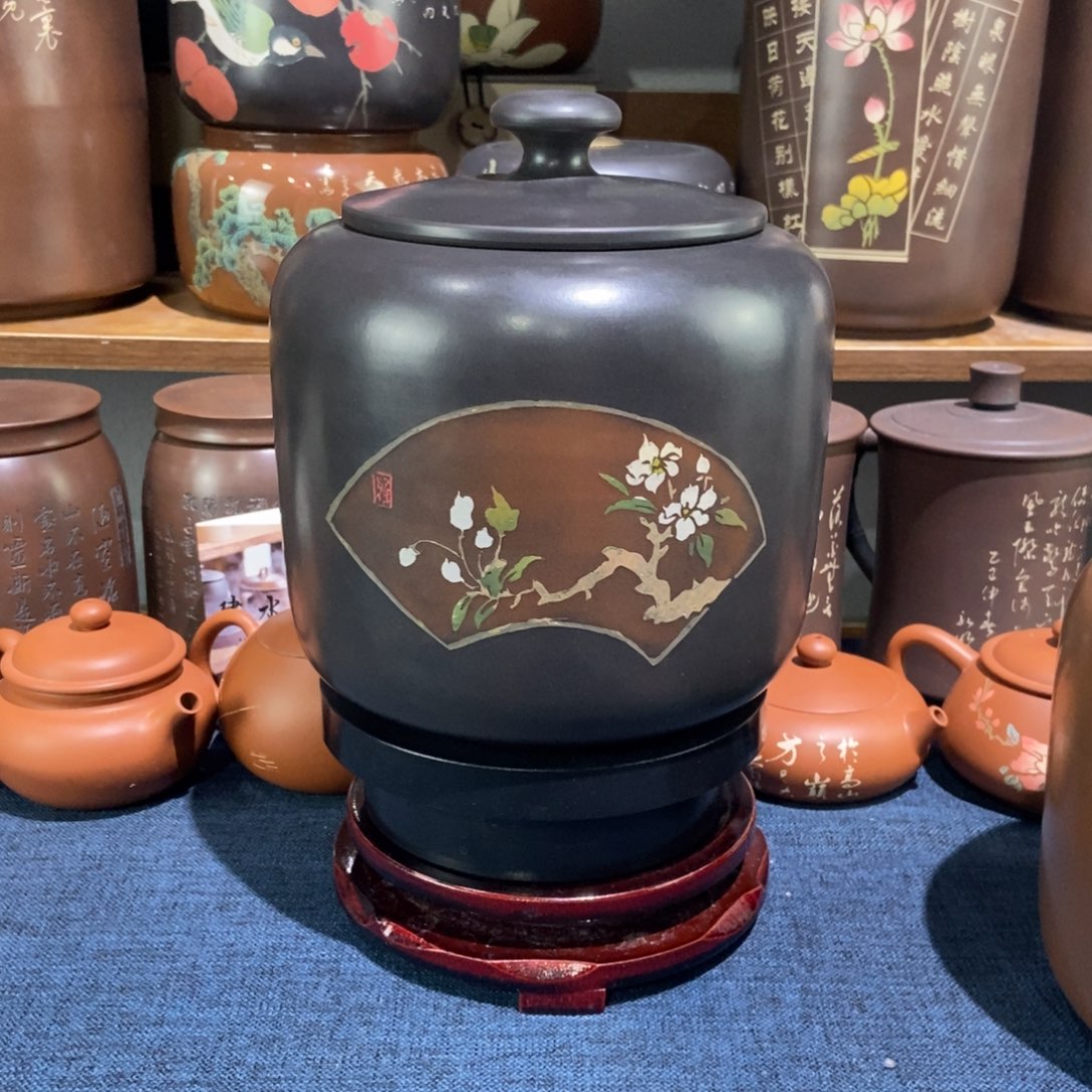 5建水紫陶手工精磨彩填醒茶罐