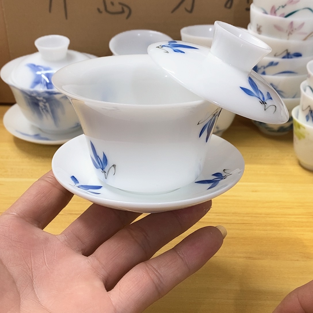 冰种玉瓷手绘盖碗（瑕）150