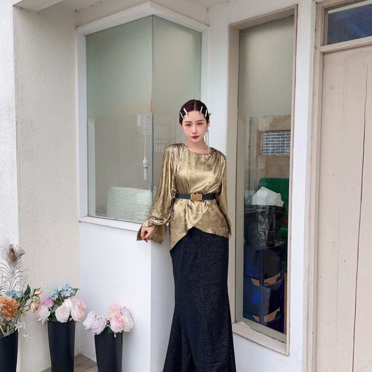 613321-A-1-1-1新款女装灯笼袖气质上衣高腰半身鱼尾裙高级两件套