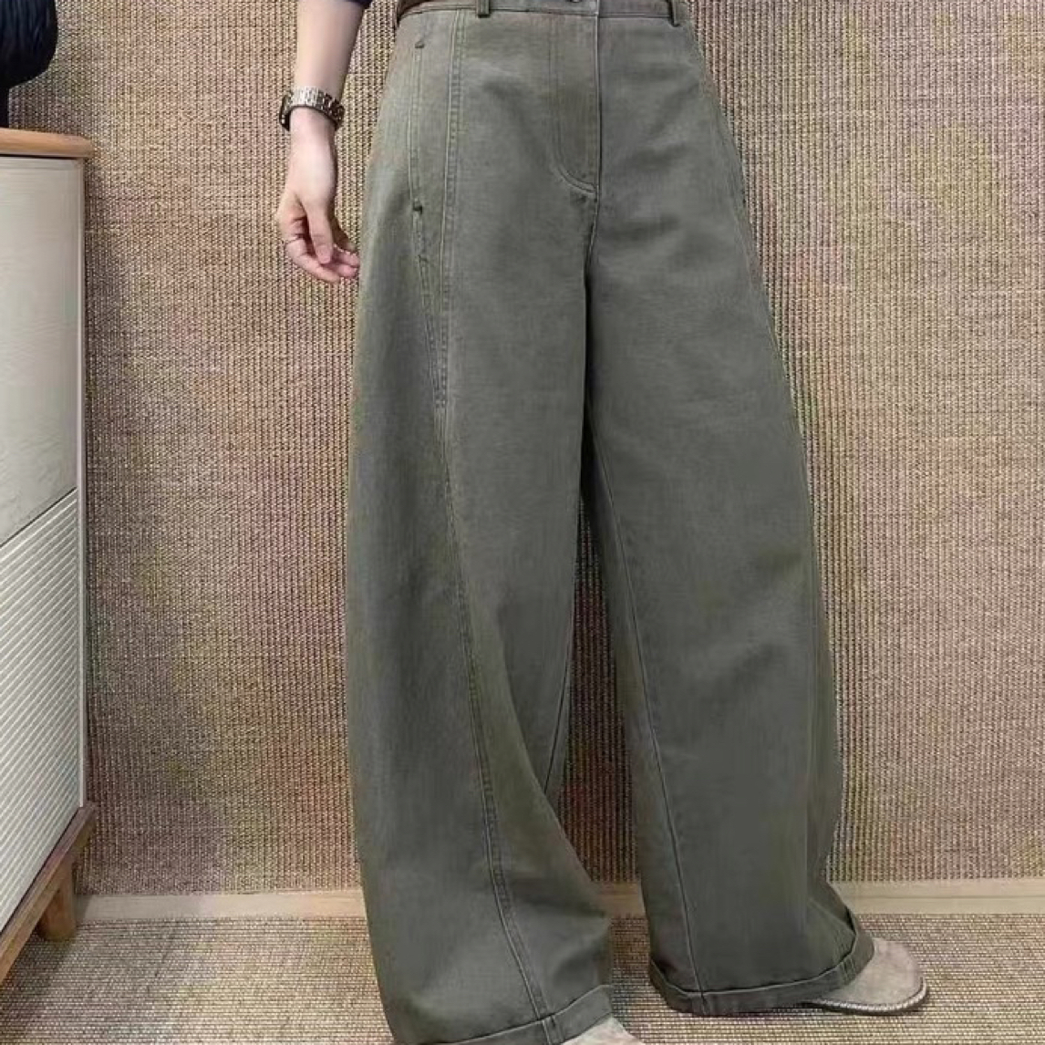 韩国拆包百合自留超好看高腰显瘦阔腿竖线多彩片牛仔裤