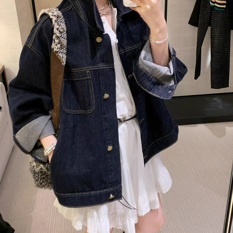 春秋新款牛仔外套女翻领长袖宽松原色设计感百搭休闲上衣女春女款