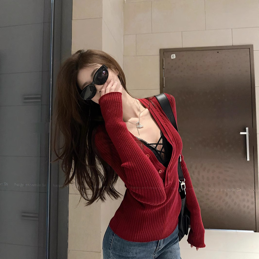 6507#纯欲辣妹风性感领红色毛衣针织衫女冬季内搭修身长袖上衣