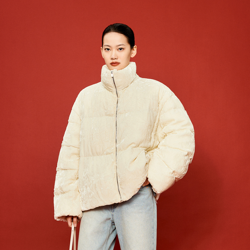 LESS冬短款时尚肌理感羽绒衣丝绒立领宽松短款羽绒服2OBC10920