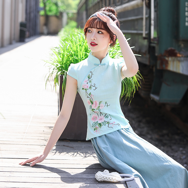 【2294 桃花 刺绣 绿色小上衣】显瘦气质修身优雅复古中国风旗袍