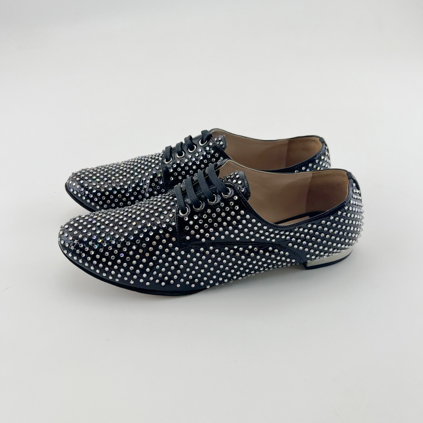 95新 MIU MIU/缪缪 36.5码/黑色满钻漆皮低帮小皮鞋/13975263