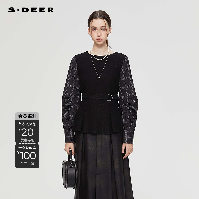 S·DEER圣迪奥秋季新款时尚复古圆领拼接修身上衣S25362205
