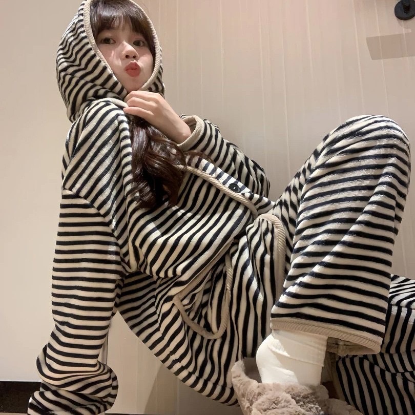 【云感连帽条纹】法兰绒韩版睡衣女秋冬季新款加绒家居服套装8111
