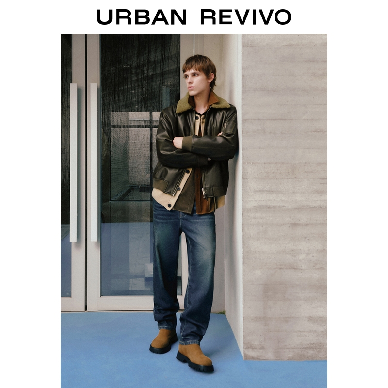 UR2025冬季新款男装休闲做旧水洗抓绒锥形牛仔长裤UML850118