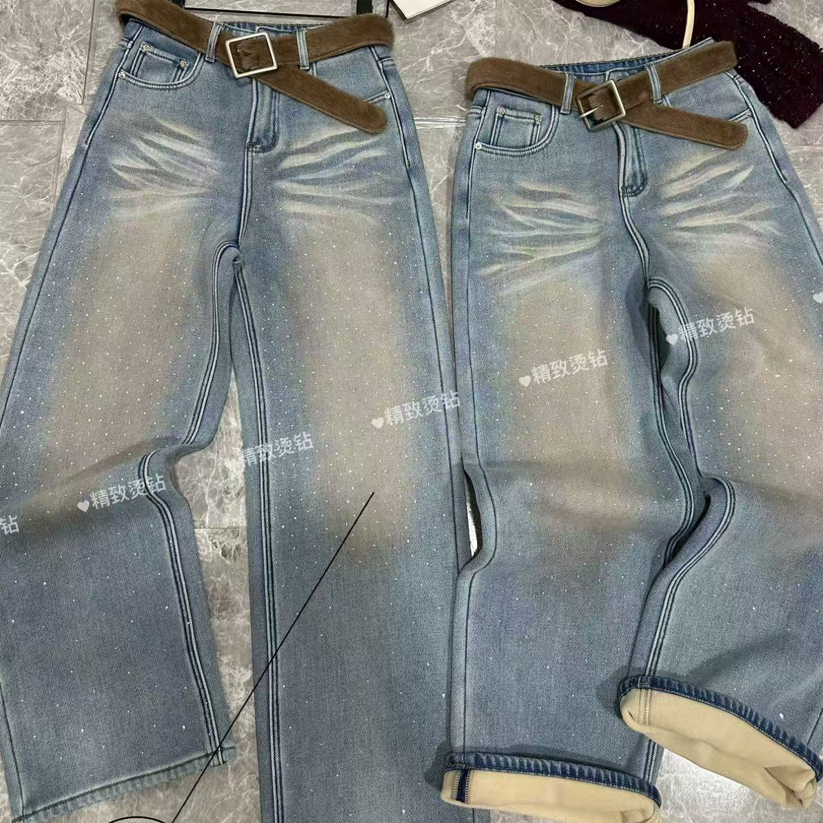 珊珊家冬季满天星烫钻加绒高腰显瘦阔腿牛仔裤女百搭潮流单品
