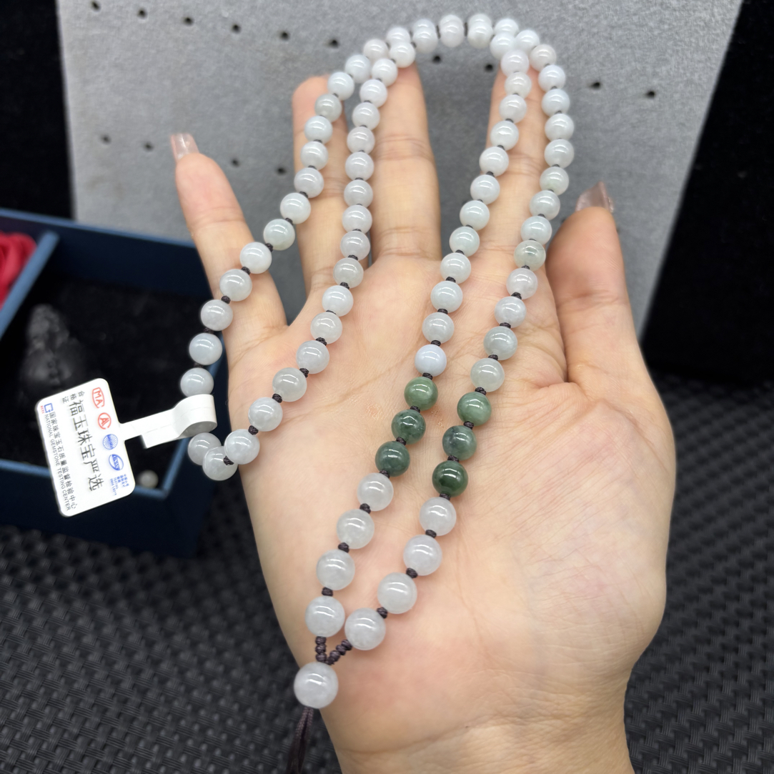 精美天然缅甸A货翡翠白月光圆珠6mm玉石挂件绳毛衣链长链珠链百搭