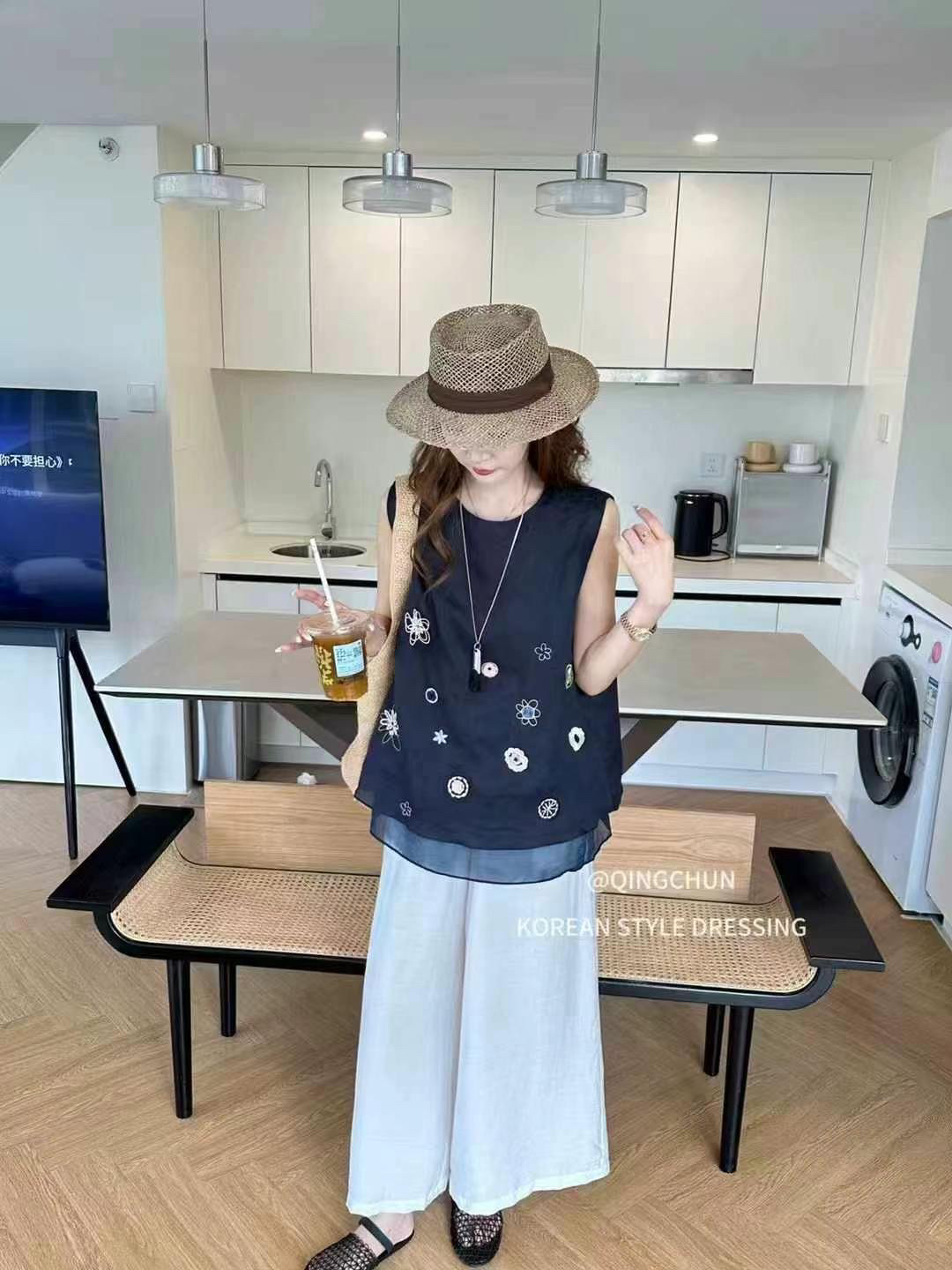 刺绣棉麻网纱上衣搭配裤子两件套（偏远地区不包邮）