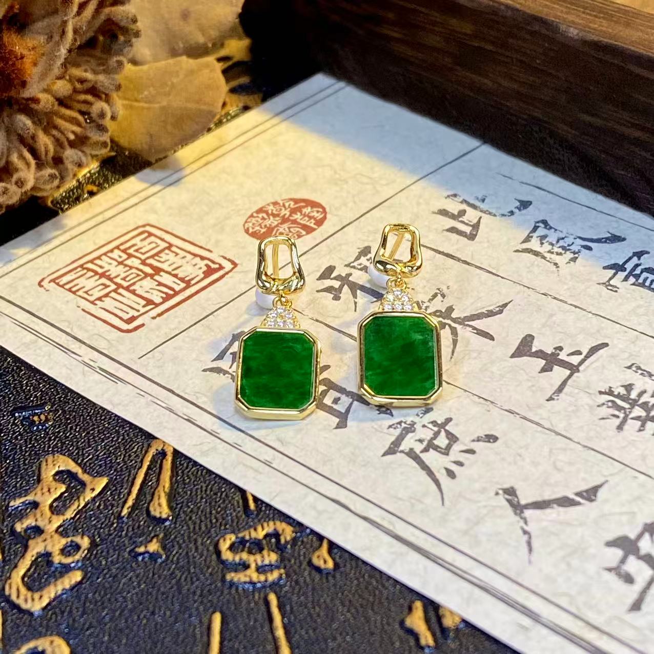 【古法 重工银镶】翡翠 满绿系~小方形无事牌耳饰，多样性发货1件