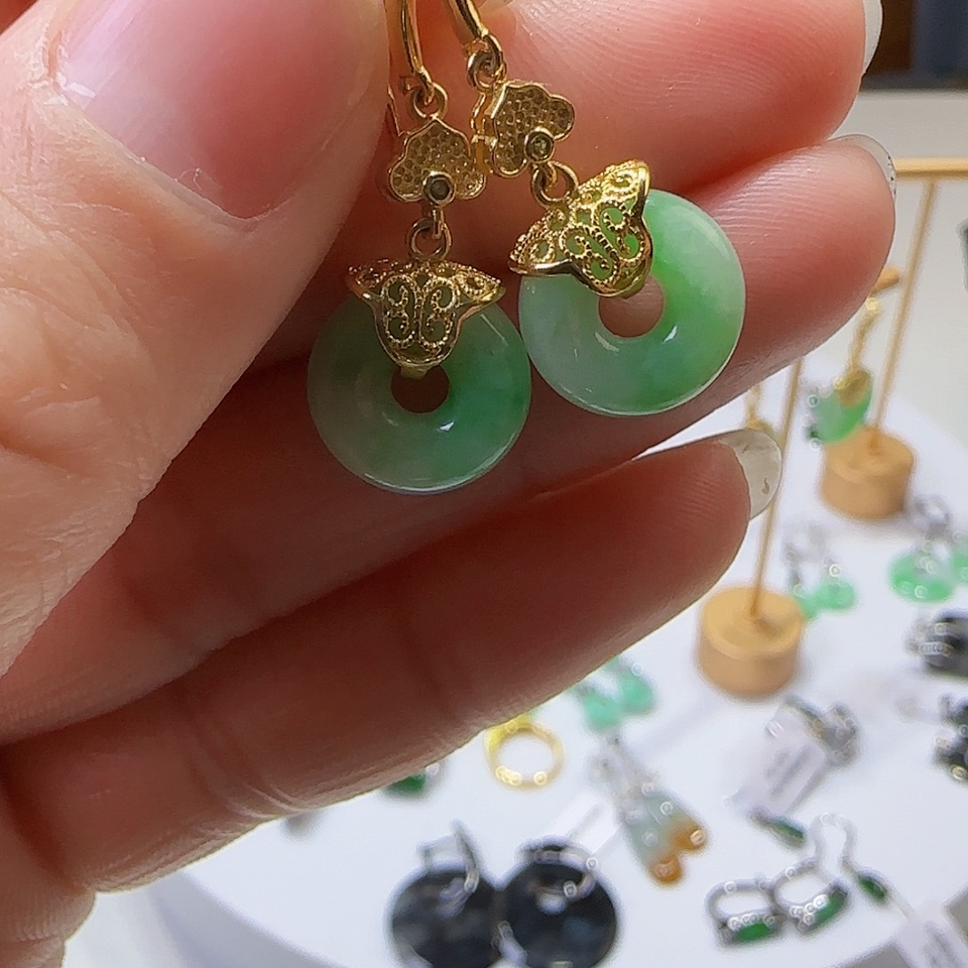 翡翠耳饰银S925镶嵌天然缅甸a货翡翠