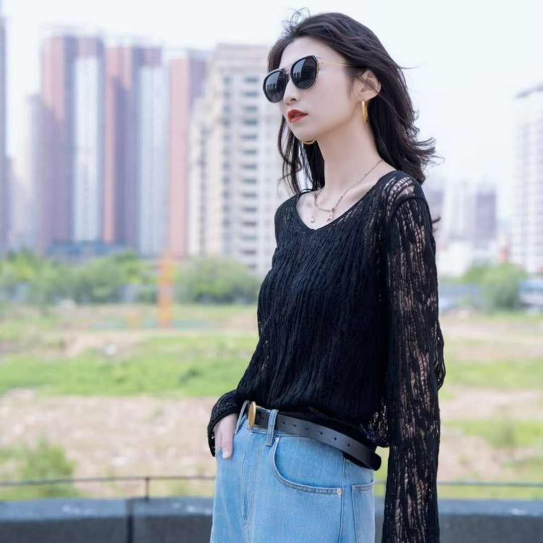 AMASS/阿玛施新款简约百搭轻奢时尚气质修身镂空针织上衣女538017