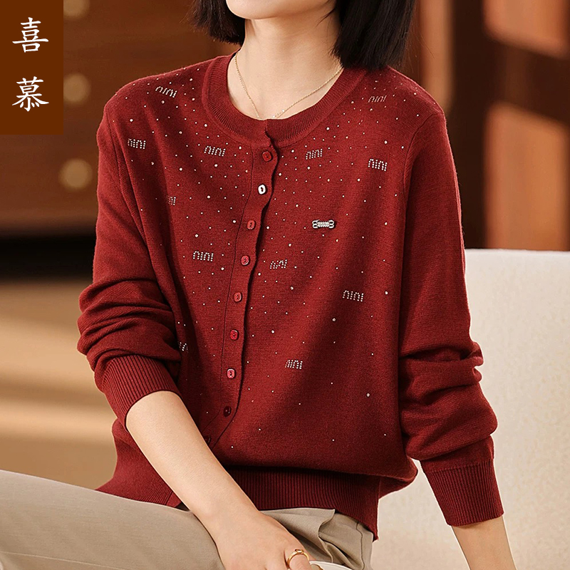 2025春秋季玫红色妈妈装圆领长袖针织开衫女宽松显瘦毛衣外套上衣