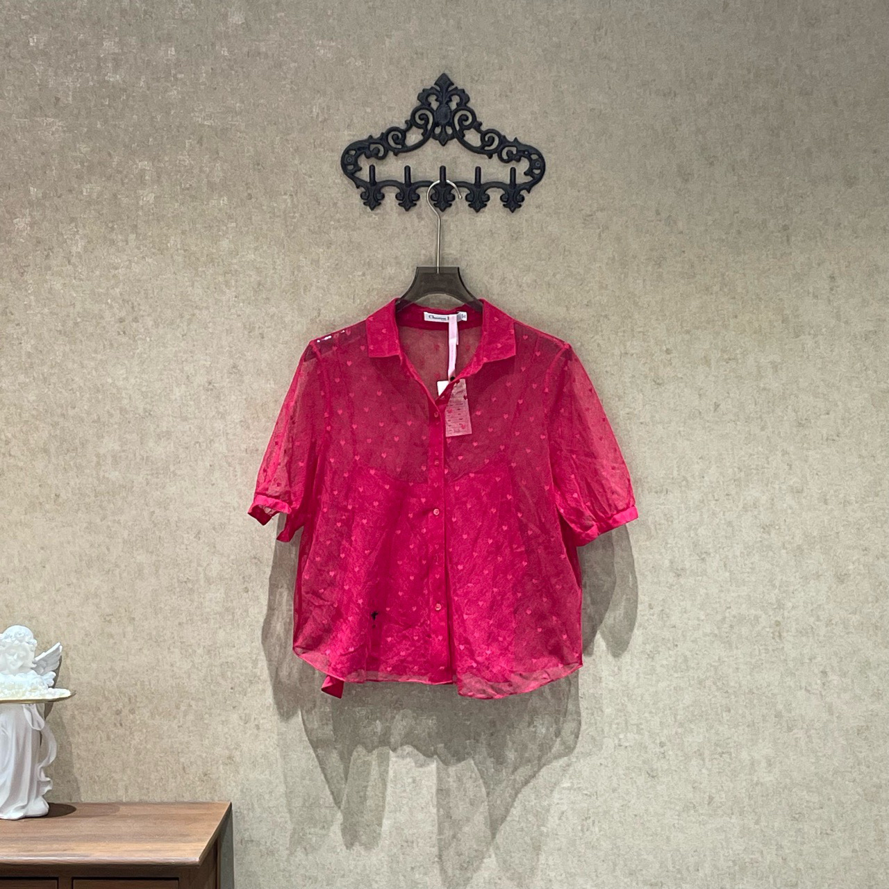 99新 DIOR/迪奥 玫红色爱心满印蕾丝镂空外套/42码/99新/31941