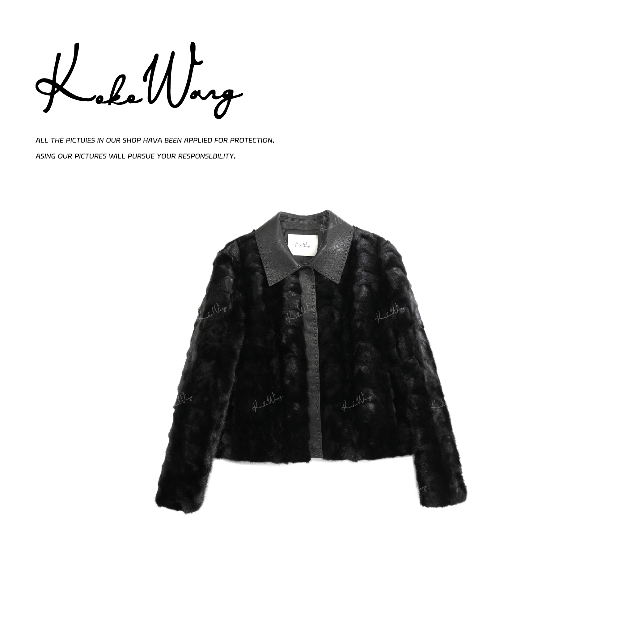 KOKOWANG 秋冬高级感翻领拼皮时尚月牙拼接貂外套X0685I15W55