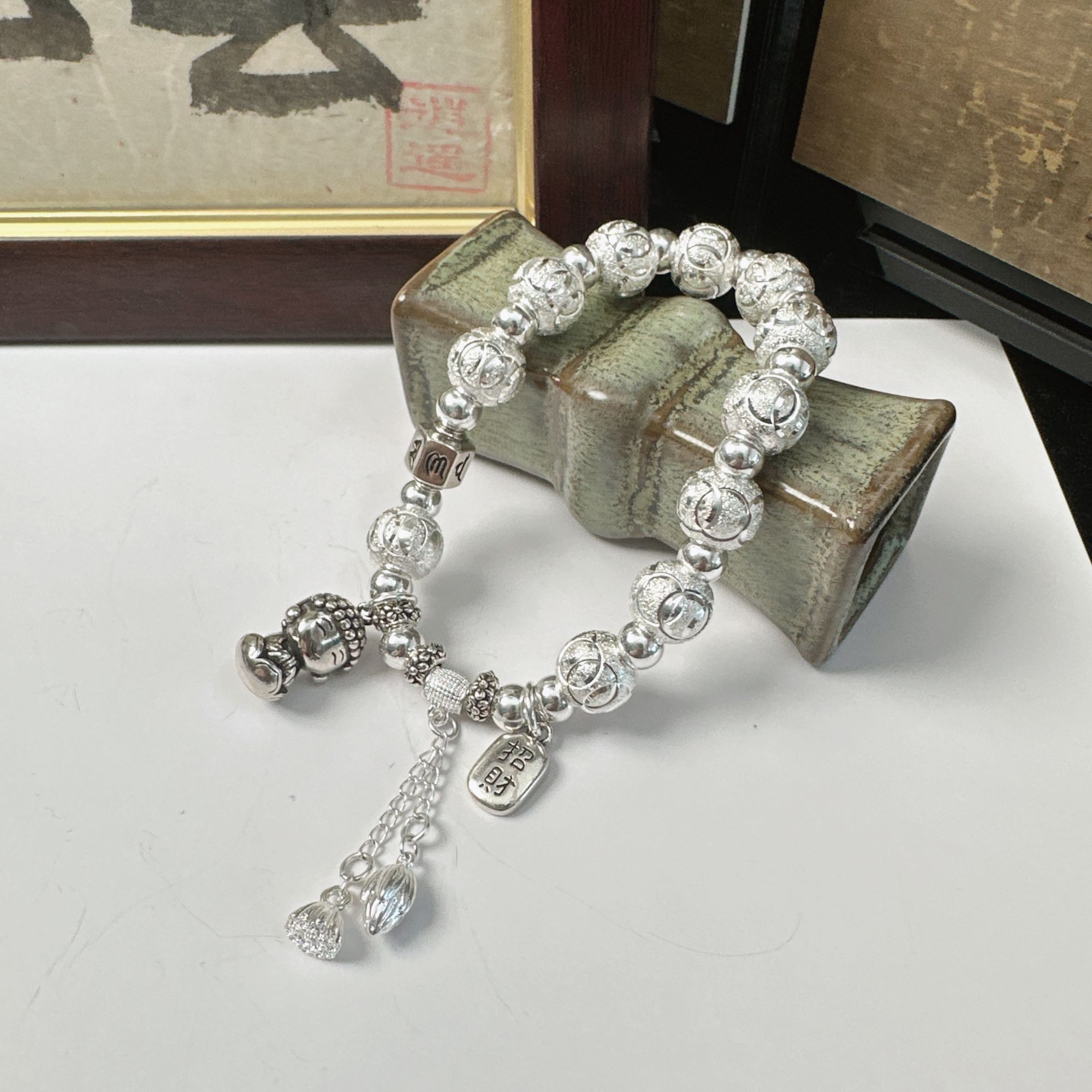 足银手链 六字真言莲花佛转运珠弹力绳手链