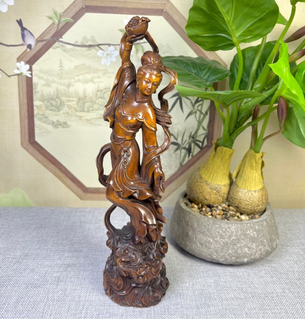 小叶黄杨木仿古做旧（天女散花）摆件高度26口径7木雕怀旧复古工艺