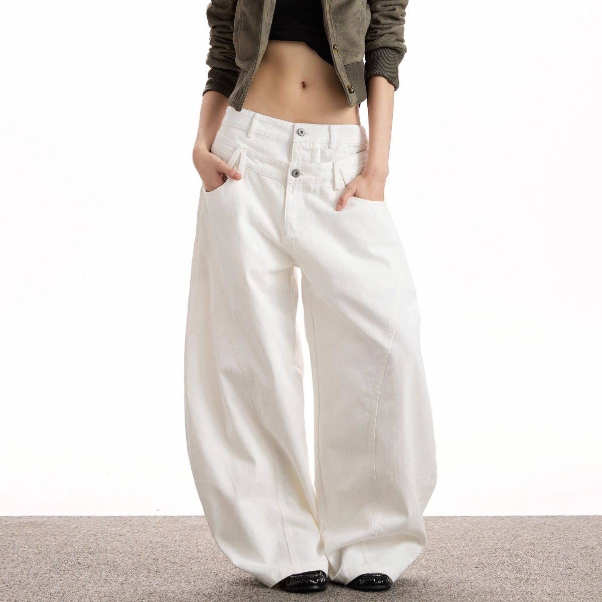 白色双腰头牛仔裤男美式设计感cleanfit宽松百搭阔腿工装长裤