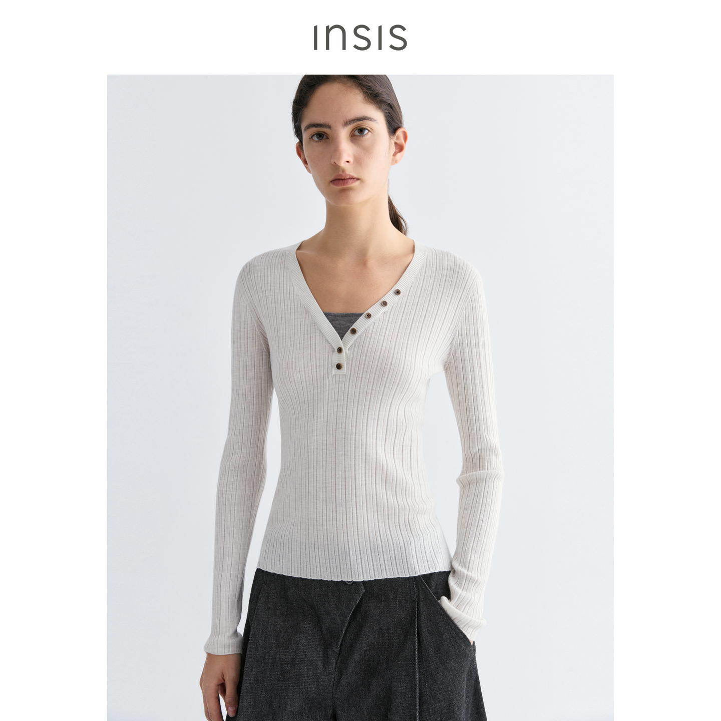 【INSIS FEMME】noundnound假两件坑条修身针织上衣25秋冬新款