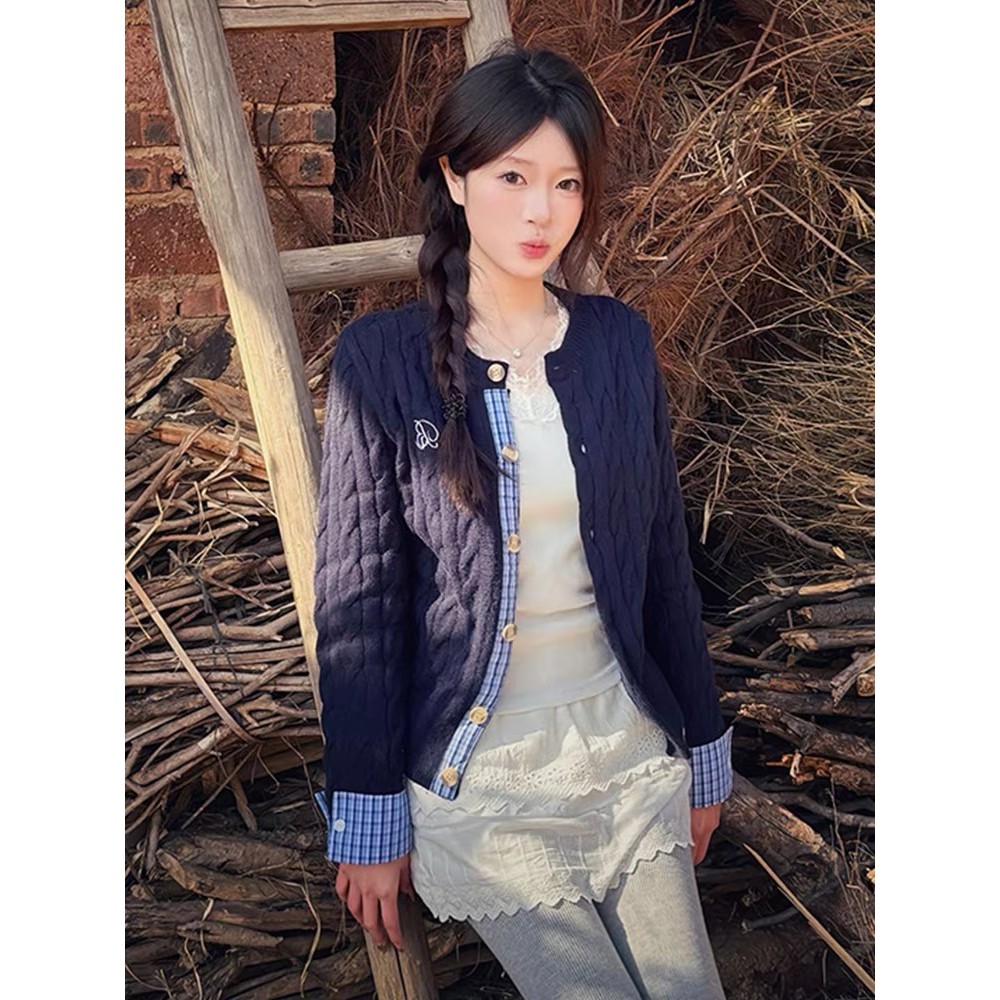 藏青色韩系假两件针织开衫女早秋新款拼接毛衣外套设计感显瘦上衣