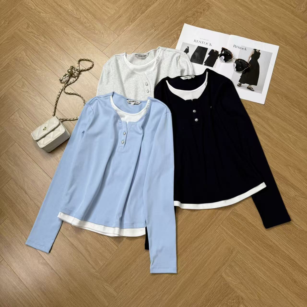 韩版秋冬季新款复古撞色假两件长袖打底衫H9791