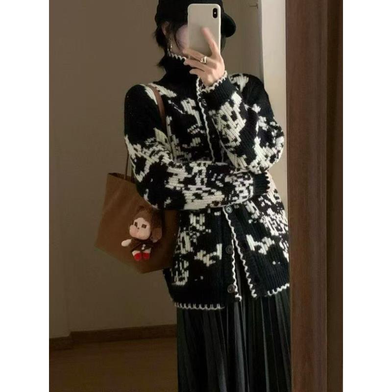 【明星同款】慵懒老钱风费尔岛提花女秋冬重工设计感翻领针织开衫