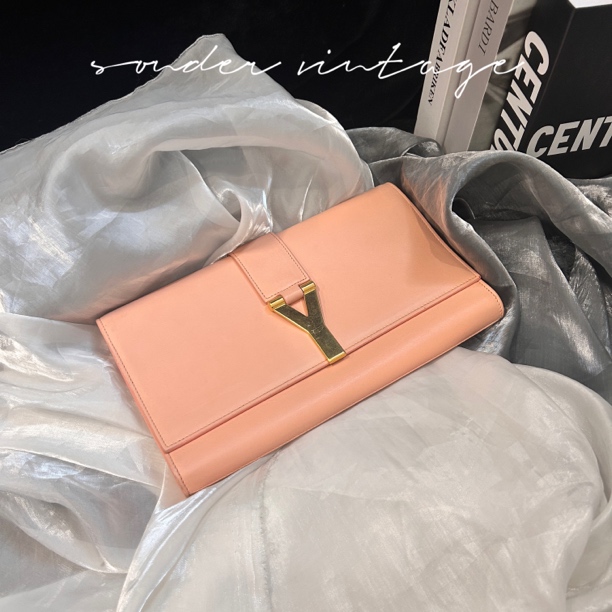 95新 YSL/圣罗兰 ysl肉粉色Y字金扣手拿包