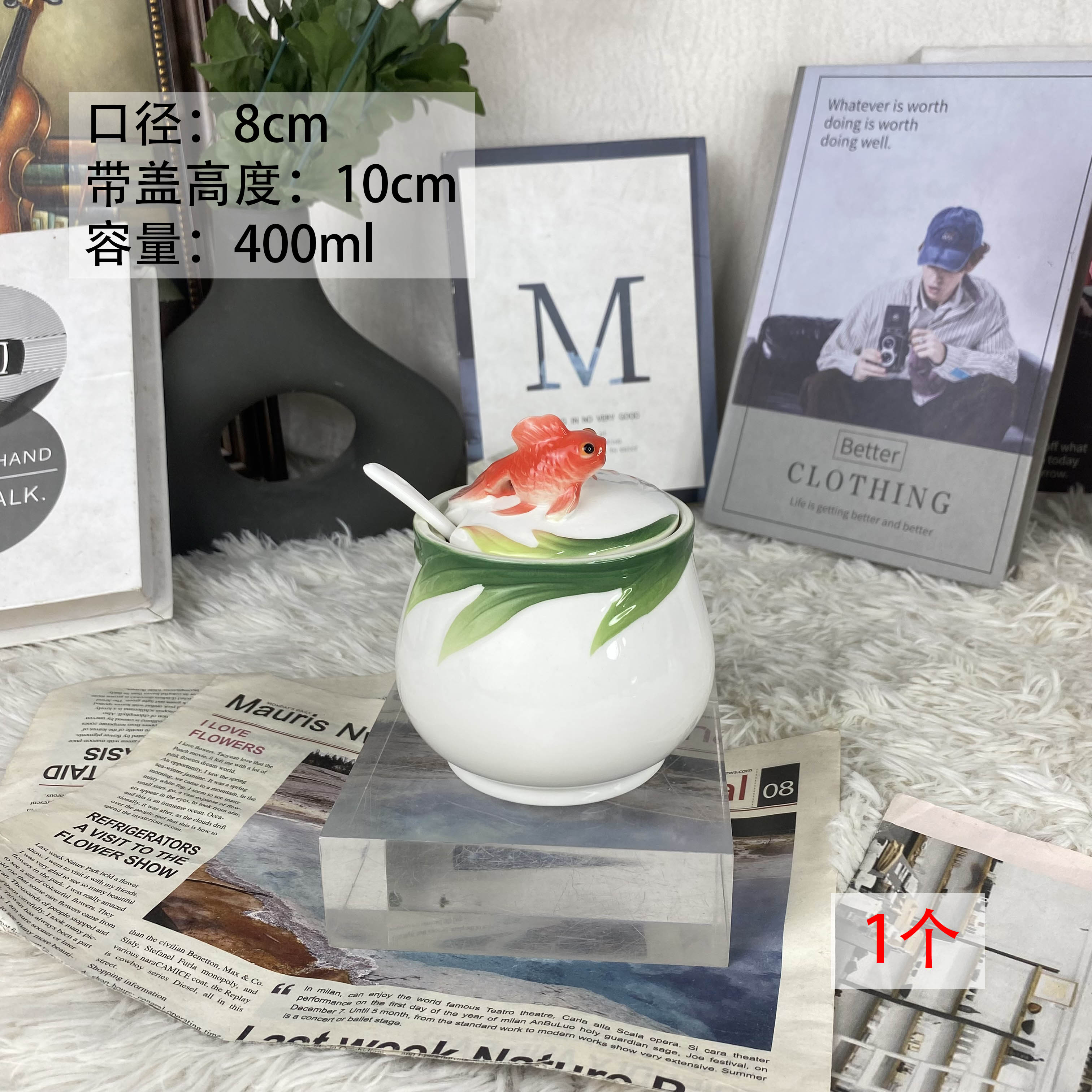 陶瓷新中式珐琅瓷釉下彩手绘金鱼调料罐400毫升