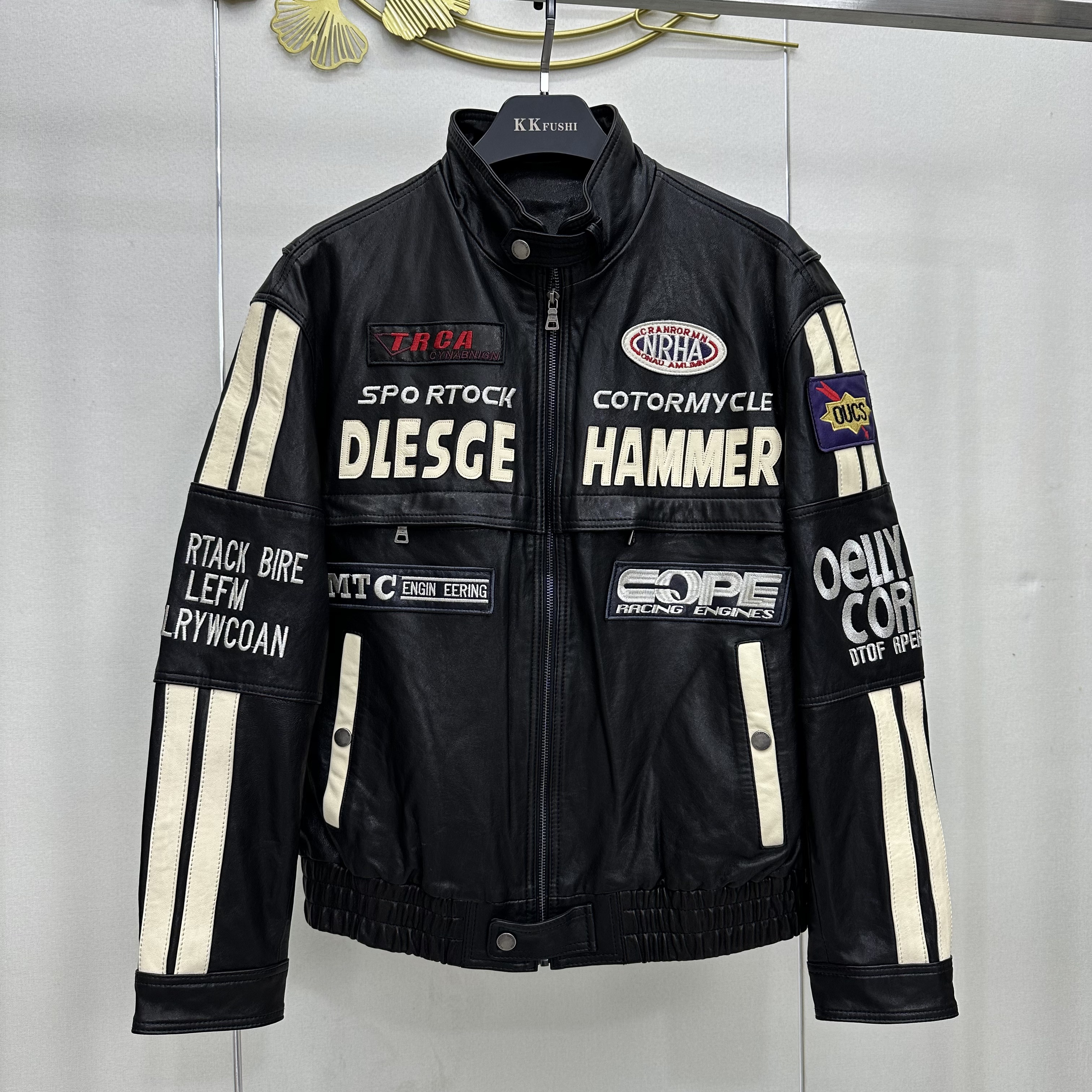 尚品机车蓝色拼接男士全植鞣绵羊皮机车服摩托骑行服立领刺绣皮衣
