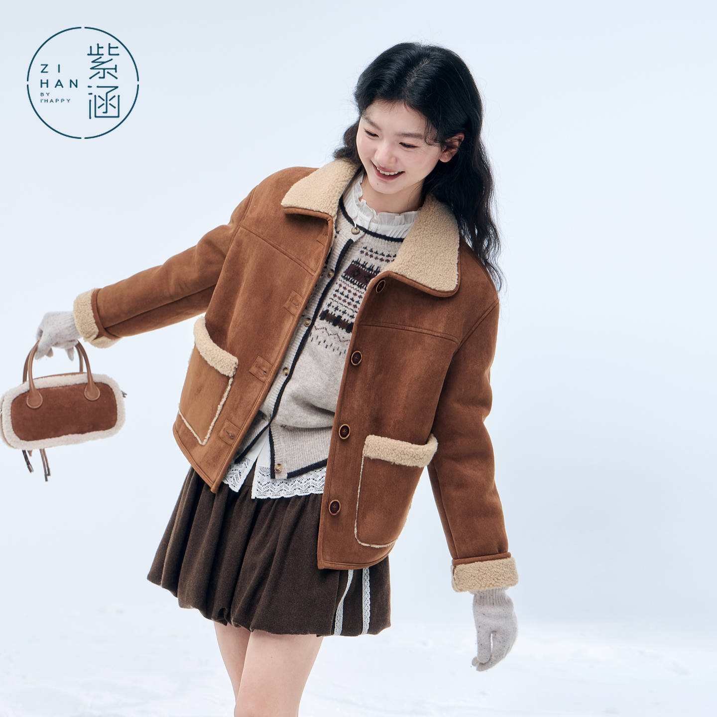 紫涵麂皮绒翻领外套女2025年冬季新款羊羔毛加绒上衣Z5Z10AW305