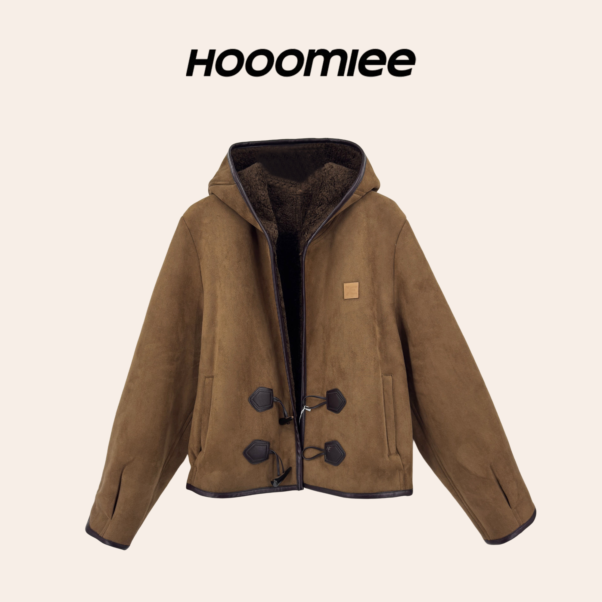 Hooomiee复古设计感拼接连帽牛角扣绒短外套HSZ25116