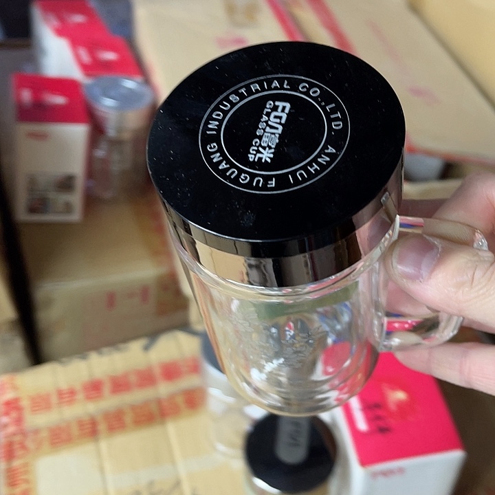 茶隔款玻璃富光把手杯黑盖