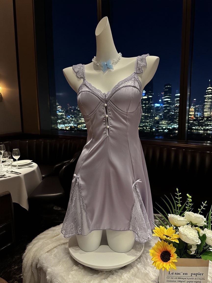 VenusLuxe【浅紫蜜语】蕾丝飞袖吊带睡裙露背带胸垫宫廷纯欲风
