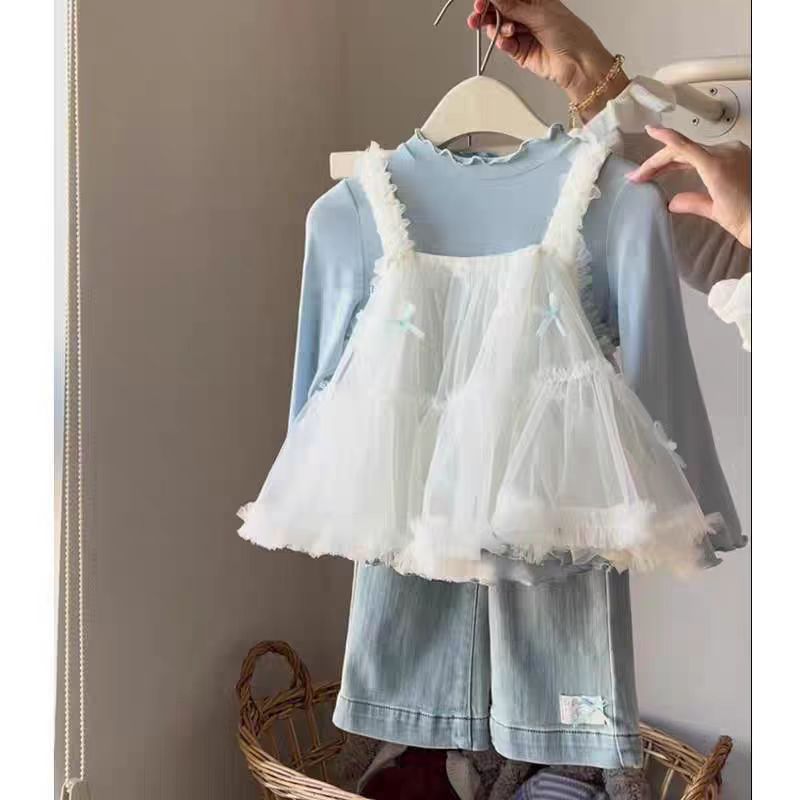 52144女宝宝网纱吊带蓝色木耳边打底衫微喇叭牛仔裤韩版洋气套装