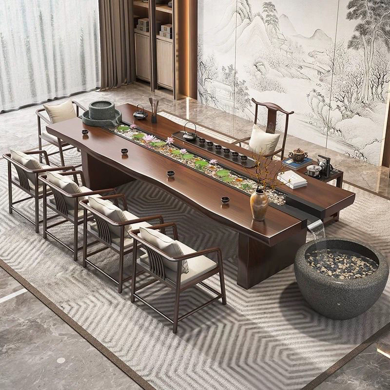 新中式全套实用流水景观一体实木养鱼家具茶台禅意大板原木茶几