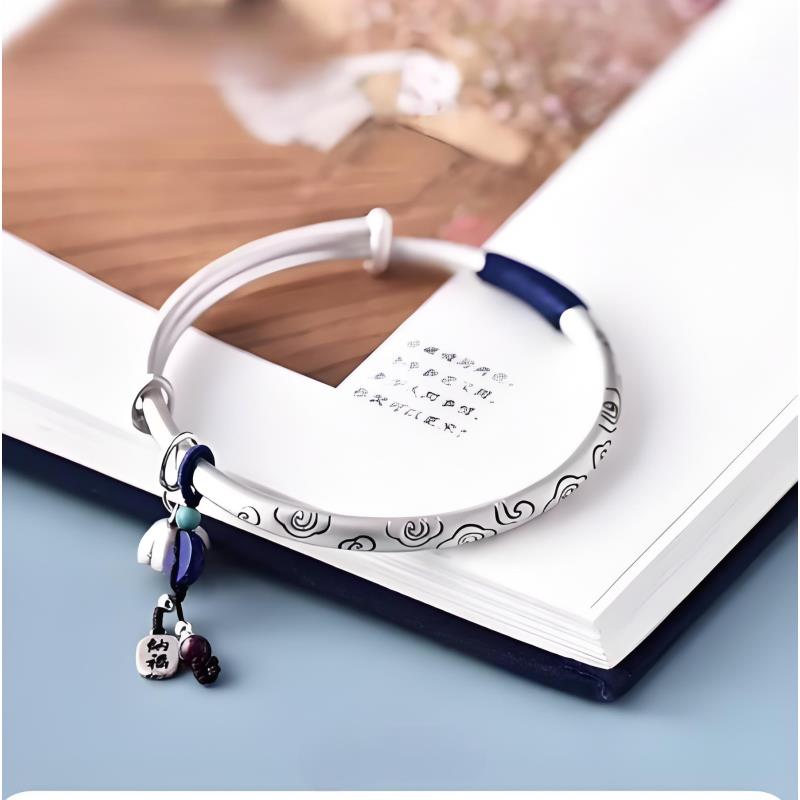 足银手镯 足银999.9祥云纳福手镯年轻款莲蓬平安扣古法镯子