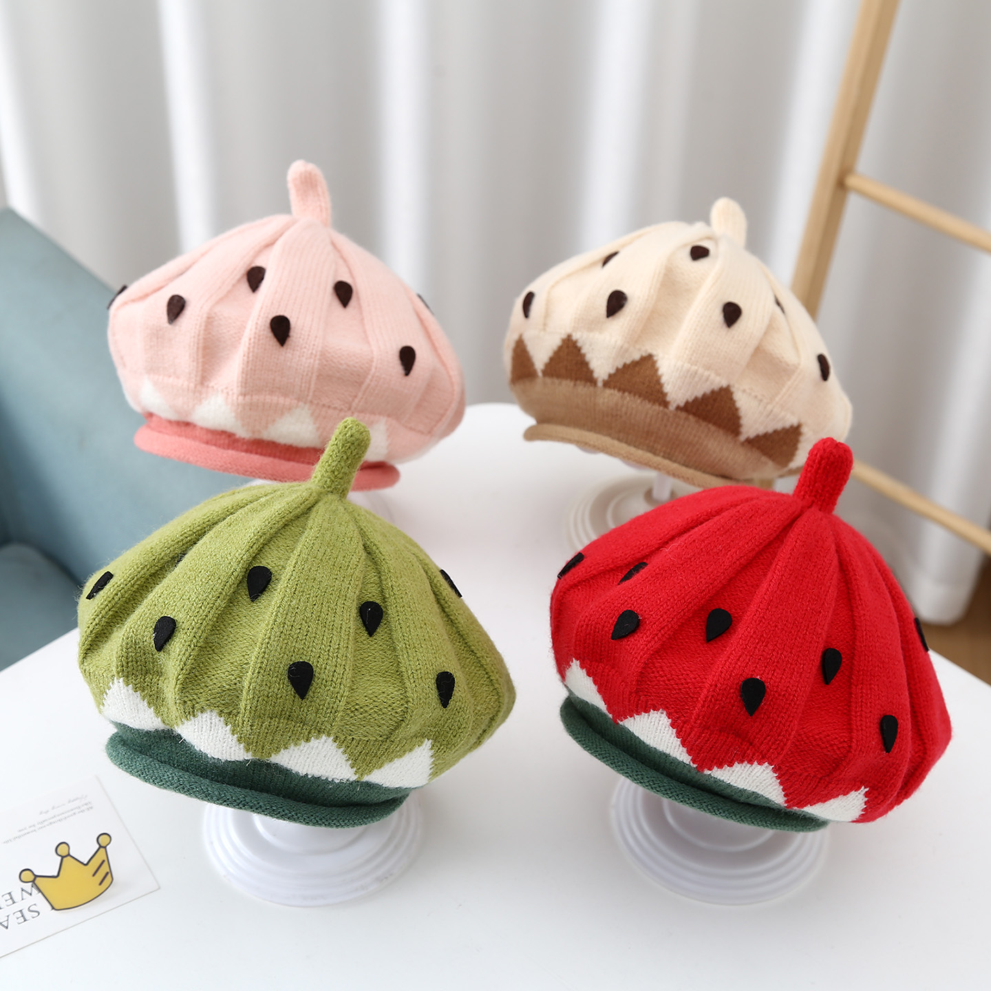 宝宝帽子秋冬款可爱超萌西瓜婴儿贝雷帽保暖婴幼儿针织毛线南瓜帽