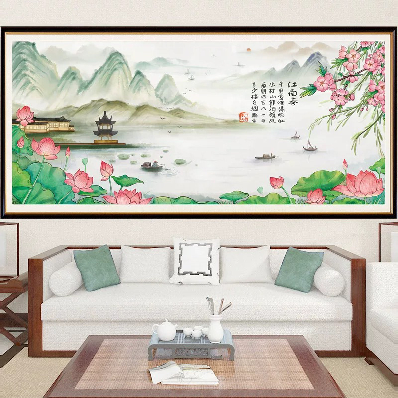 纯手工十字绣成品人工绣好的图江南春荷花版2.3米客厅装饰挂画