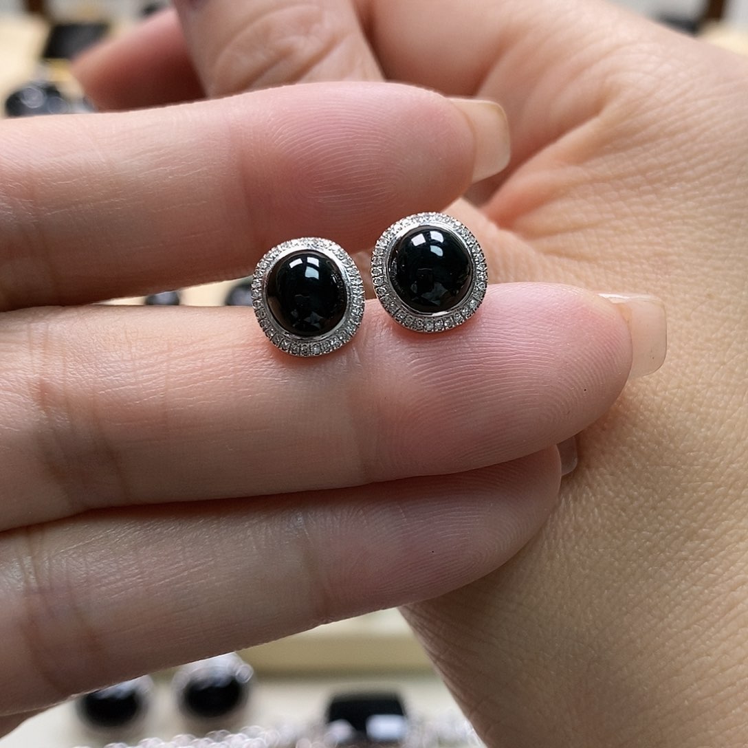 翡翠耳饰18K金镶嵌墨翠