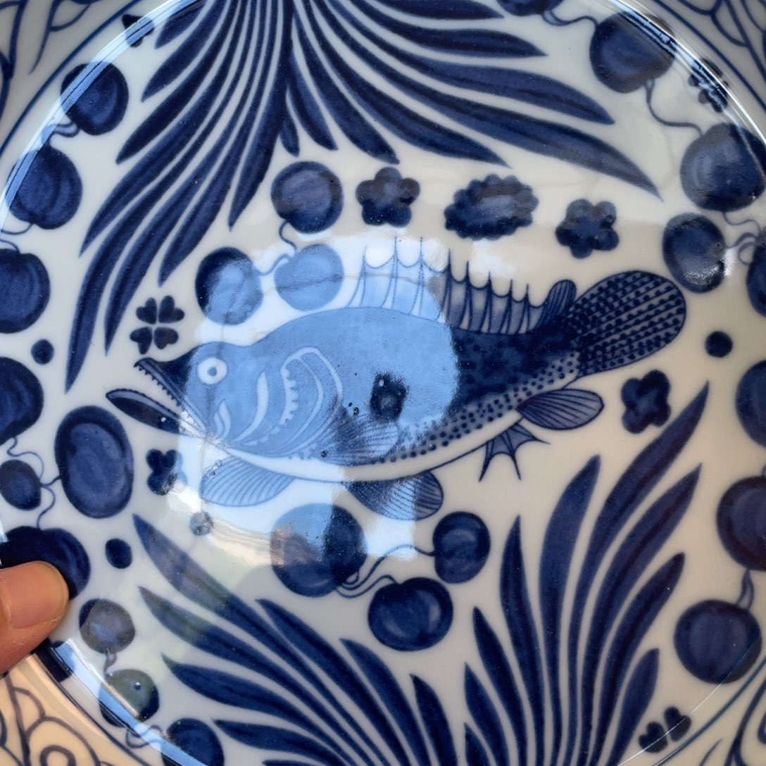 瓷片景德镇青花鱼藻纹大壶承