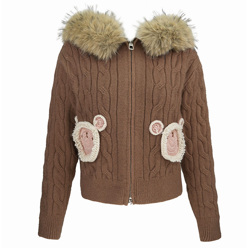 JUNGLE ME秋冬毛领短外套上衣保暖女士时尚百搭设计师毛衣开衫