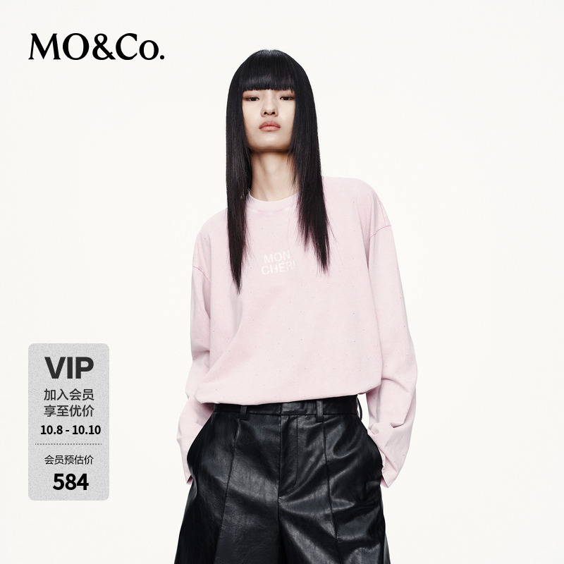 MOCOT恤2025秋新品棉质做旧洗水植绒印花烫钻宽松长袖MBE3TEET09
