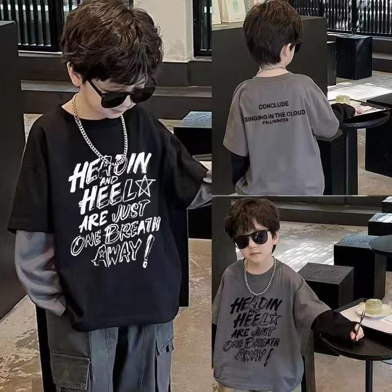 100纯棉男童长袖T恤春秋新款儿童假两件卡通帅气外穿上衣打底衫